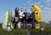 16 February 2015; Gerry Cunningham, Managing Director, Fyffes Ireland, with Dundalk FC manager Stephen Kenny, captain Stephen O'Donnell, Emma Hunt Duffy, Sales and Marketing Manager, Fyffes, and mascot Freddy Fyffes, at an event to announce Fyffes' continued sponsorship of SSE Airtricity League champions Dundalk FC for the forthcoming 2015 season. Oriel Park, Dundalk, Co. Louth. Photo by Sportsfile