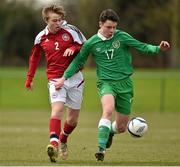 18 February 2015; James Finnerty, Republic of Ireland, in action against Karl Appelt, Denmark. UEFA U16 Development Tournament, Republic of Ireland v Denmark. AUL Complex, Clonshaugh, Co. Dublin. Picture credit: Barry Cregg / SPORTSFILE