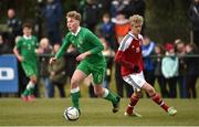18 February 2015; Aaron O'Driscoll, Republic of Ireland, in action against Jens Odgaard, Denmark. UEFA U16 Development Tournament, Republic of Ireland v Denmark. AUL Complex, Clonshaugh, Co. Dublin. Picture credit: Barry Cregg / SPORTSFILE