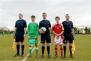 18 February 2015; Republic of Ireland captain Daniel McKenna and Denmark captain Julius Eskesen with the match officals ahead of the game. UEFA U16 Development Tournament, Republic of Ireland v Denmark. AUL Complex, Clonshaugh, Dublin. Picture credit: Barry Cregg / SPORTSFILE