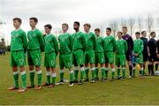 18 February 2015; The Republic of Ireland team stand for the national anthem ahead of the game. UEFA U16 Development Tournament, Republic of Ireland v Denmark. AUL Complex, Clonshaugh, Dublin. Picture credit: Barry Cregg / SPORTSFILE