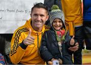18 February 2015; CMRF Crumlin ambassador Robbie Keane with Aidan Doyle, aged 5, from Newtownmountkennedy, Wicklow, at Our Lady’s Children’s Hospital, Crumlin today alongside his LA Galaxy teammates to present a cheque worth $50,000 from the LA Galaxy Foundation and Herbalife to CMRF Crumlin, the fundraising arm of the hospital. Robbie is also an ambassador for CMRF Crumlin’s current campaign ‘Give It Up for Crumlin’. For more see www.giveitup.ie”. Our Lady's Children's Hospital, Crumlin, Dublin. Picture credit: Piaras Ó Mídheach / SPORTSFILE