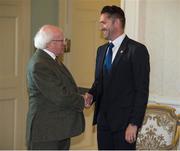 18 February 2015; The President of Ireland Michael D. Higgins with LA Galaxy team captain Robbie Keane at Áras an Uachtaráin where the President received the players and management of LA Galaxy. Áras an Uachtaráin, Phoenix Park, Dublin. Picture credit: Ray McManus / SPORTSFILE