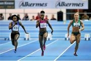 18 February 2015; From left, Jessica Young, USA, Tianna Bartoletta, USA, and Kelly Proper, Ferrybank, Ireland, compete in Heat 1 of the JJ Rhatigan 60m Women during the AIT International Arena Grand Prix. Athlone Institute of Technology International Arena, Athlone, Co. Westmeath. Picture credit: Cody Glenn / SPORTSFILE