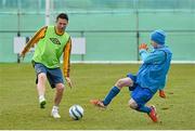 19 February 2015; LA Galaxy striker Robbie Keane turned a training session into a field of dreams for Special Olympics Ireland footballers yesterday. The Irish football captain, who is in town to face Shamrock Rovers this weekend, invited the athletes to a skills session where they got to meet several of the LA Galaxy players. This is the second time Keane has trained with the athletes. The soccer legend and his wife Claudine are supporting the 88 Irish athletes heading to the 2015 Special Olympics World Games in Los Angeles. He is urging the country to get behind them and help raise the €440,000 target to fund the trip. Full details of Special Olympics Ireland Support An Athlete campaign can be found at www.specialolympics.ie. Pictured is LA Galaxy star Robbie Keane and 11-a-side footballer Thomas Caulfield, Cheeverstown House. Picture credit: Ramsey Cardy / SPORTSFILE