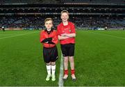 7 February 2015; Natham Fitzpatrick, age 10, from Donamede, and Joe Flanagan, age 12, from Naomh Marnog, Dublin, before the game. Allianz Football League, Division 1, Round 1, Dublin v Donegal. Croke Park, Dublin. Picture credit: Ray McManus / SPORTSFILE