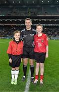 7 February 2015; Natham Fitzpatrick, age 10, from Donamede, and Joe Flanagan, age 12, from Naomh Marnog, Dublin, with match referee Maurice Deegan before the game. Allianz Football League, Division 1, Round 1, Dublin v Donegal. Croke Park, Dublin. Picture credit: Ray McManus / SPORTSFILE