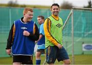 19 February 2015; LA Galaxy striker Robbie Keane turned a training session into a field of dreams for Special Olympics Ireland footballers yesterday. The Irish football captain, who is in town to face Shamrock Rovers this weekend, invited the athletes to a skills session where they got to meet several of the LA Galaxy players. This is the second time Keane has trained with the athletes. The soccer legend and his wife Claudine are supporting the 88 Irish athletes heading to the 2015 Special Olympics World Games in Los Angeles. He is urging the country to get behind them and help raise the €440,000 target to fund the trip. Full details of Special Olympics Ireland Support An Athlete campaign can be found at www.specialolympics.ie. Pictured during the training session are LA Galaxy's Robbie Keane and Peter Fitzpatrick, Special Olypmics 5 A Side. Picture credit: Pat Murphy / SPORTSFILE