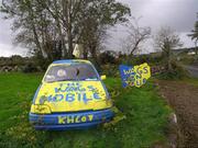 28 October 2007; A painted car and good luck posters on the road side near Scarriff Co.Clare. VHI Healthcare Connacht Senior Club Football Championship Final, Corofin, Galway, v Carnacon, Mayo, GAA grounds, Corofin, Galway. Picture credit: Ray McManus / SPORTSFILE