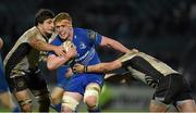 20 February 2015; Dan Leavy, Leinster, is tackled by Giacomo Bernini, left, and Oliviero Fabiani, Zebre. Guinness PRO12, Round 15, Leinster v Zebre. RDS, Ballsbridge, Dublin. Picture credit: Stephen McCarthy / SPORTSFILE