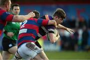 21 February 2015; Robert Duke, Terenure College, on his way toscoring his side's first try of the game despite the tackle of Turlough Considine, Clontarf. Ulster Bank League Division 1A, Clontarf v Terenure College, Castle Avenue, Clontarf, Co. Dublin. Picture credit: Cody Glenn / SPORTSFILE