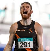 21 February 2015; Dara Kervick, Clonliffe Harriers AC, celebrates after winning his Men's 400m Heat during Day 1 of the GloHealth Senior Indoor Championships. Athlone International Arena, Athlone, Co.Westmeath. Picture credit: Pat Murphy / SPORTSFILE
