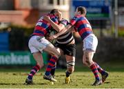 21 February 2015; Kyle McCoy, Terenure College, is tackled by Matt D'Arcy, left, and David Joyce, Clontarf. Ulster Bank League Division 1A, Clontarf v Terenure College, Castle Avenue, Clontarf, Co. Dublin. Picture credit: Cody Glenn / SPORTSFILE