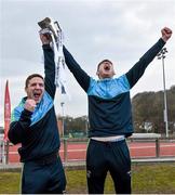 21 February 2015; DCU's Davey Byrne, left, and Tom Flynn lift the Sigerson Cup after defeating UCC. Independent.ie Sigerson Cup Final, UCC v DCU. The Mardyke, Cork. Picture credit: Diarmuid Greene / SPORTSFILE