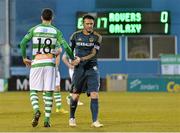 21 February 2015; Robbie Keane, LA Galaxy, shakes hands with Keith Fahey, Shamrock Rovers, as he is substituted during the closing stages of the game. Pre-Season Friendly, Shamrock Rovers v LA Galaxy, Tallaght Stadium, Tallaght, Co. Dublin. Picture credit: David Maher / SPORTSFILE