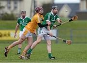 22 February 2015; Wayne McNamara, Limerick, in action against Eoghan Campbell, Antrim. Allianz Hurling League, Division 1B, Round 2, Antrim v Limerick, Ballycastle, Co. Antrim. Picture credit: Oliver McVeigh / SPORTSFILE