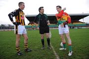 6 January 2008; Carlow captain Paul Cashin, right, indicates which way his team will play to referee Maurice Deegan and Kilkenny captain David Herrihy. O'Byrne Cup, First Round, Carlow v Kilkenny, Dr. Cullen Park, Carlow. Picture credit; Brian Lawless / SPORTSFILE