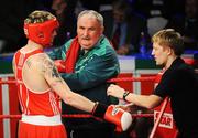 11 January 2008; Roy Sheehan, St Michael's Athy Boxing Club, has his gloves untied by club-mates, and President of Irish Amatuer Boxing Association, Domnic O'Rourke and Eric Donovan, after his victory over John Joe McDonagh, Brosna Boxing Club. National Senior Boxing Championship Finals, 69Kg Welterweight Final, Roy Sheehan.v.John Joe McDonagh, National Boxing Stadium, South Circular Road, Dublin. Picture credit; Stephen McCarthy / SPORTSFILE