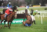 13 January 2008; Perce Rock, with D.J Casey up, falls at the last during the Paddy Fitzpatrick Memorial Novice Steeplechase. Paddy Fitzpatrick Memorial Novice Steeplechase, Leopardstown Racecourse, Leopardstown, Dublin. Picture credit; Caroline Quinn / SPORTSFILE *** Local Caption ***