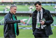 14 February 2015; Ireland head coach Joe Schmidt, left, in conversation with former Leinster and Ireland wing Shane Horgan before the game. RBS Six Nations Rugby Championship, Ireland v France. Aviva Stadium, Lansdowne Road, Dublin. Picture credit: Brendan Moran / SPORTSFILE