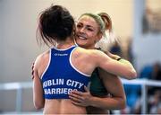 22 February 2015; Kelly Proper, Ferrybank AC, is congratulated by Steffi Creanor, Dublin City Harriers A.C., left, after winning the Women's 200m event during Day 2 of the GloHealth Senior Indoor Championships. Athlone International Arena, Athlone, Co. Westmeath. Picture credit: Pat Murphy / SPORTSFILE