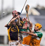 22 February 2015; Joe Bergin, and Shane Kinsella, Offaly, in action against Jack Guiney and Paudie Foley, Wexford. Allianz Hurling League, Division 1B, Round 2, Offaly v Wexford, O'Connor Park, Tullamore, Co. Offaly. Picture credit: David Maher / SPORTSFILE