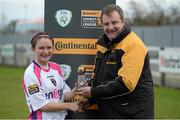 22 February 2015; Aisling Frawley, Wexford Youths is presented with her player of the match trophy by John Hearne from Top Tyres in Ardcavan, Co. Wexford. Continental Tyres Women's National League, Wexford Youths v Raheny United, Ferrycarraig Park, Wexford. Picture credit: Matt Browne / SPORTSFILE