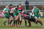 22 February 2015; David McSharry, Connacht, breaks through the tackle of Boris Stankovich, Newport Gwent Dragons. Guinness PRO12, Round 15, Newport Gwent Dragons v Connacht, Rodney Parade, Newport, Wales. Picture credit: Steve Pope / SPORTSFILE