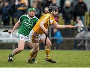 22 February 2015; Simon McCrory, Antrim, in action against Shane Dowling, Limerick. Allianz Hurling League, Division 1B, Round 2, Antrim v Limerick, Ballycastle, Co. Antrim. Picture credit: Oliver McVeigh / SPORTSFILE