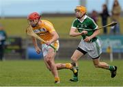 22 February 2015; Simon McCrory, Antrim, in action against Adrian Breen, Limerick. Allianz Hurling League, Division 1B, Round 2, Antrim v Limerick, Ballycastle, Co. Antrim. Picture credit: Oliver McVeigh / SPORTSFILE