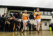 22 February 2015; Conor McKinley, left, and PJ O'Connell, Antrim, make their way out for the start of the game. Allianz Hurling League, Division 1B, Round 2, Antrim v Limerick, Ballycastle, Co. Antrim. Picture credit: Oliver McVeigh / SPORTSFILE