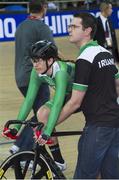 22 February 2015; Ireland's Caroline Ryan of Ireland with Cycling Ireland track coach Brian Nugent at the start of the Scratch Race in the Omnium Competition. Ryan went on to finish in 15th position overall. National Velodrome, Paris, France. Picture credit: Guy Swarbrick / SPORTSFILE