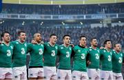 14 February 2015; Ireland players from left, Sean O'Brien, Peter O'Mahony, Simon Zebo, Robbie Henshaw, Conor Murray, Jonathan Sexton, Rob Kearney, Felix Jones and Sean Cronin, during the National Anthem. RBS Six Nations Rugby Championship, Ireland v France. Aviva Stadium, Lansdowne Road, Dublin. Picture credit: Ramsey Cardy / SPORTSFILE