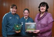 23 February 2015; Isobel Finnegan, Republic of Ireland, receives her international cap from team manager Sharon Boyle and Frances Smith, WFAI. Republic of Ireland Under 16 Squad Caps Presentation, Board Room, Gannon Park, Malahide, Co. Dublin. Picture credit: David Maher / SPORTSFILE