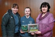 23 February 2015; Jade Reddy, Republic of Ireland, receives her international cap from team manager Sharon Boyle and Frances Smith, WFAI. Republic of Ireland Under 16 Squad Caps Presentation, Board Room, Gannon Park, Malahide, Co. Dublin. Picture credit: David Maher / SPORTSFILE