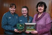 23 February 2015; Danielle Burke, Republic of Ireland, receives her international cap from team manager Sharon Boyle and Frances Smith, WFAI. Republic of Ireland Under 16 Squad Caps Presentation, Board Room, Gannon Park, Malahide, Co. Dublin. Picture credit: David Maher / SPORTSFILE