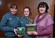 23 February 2015; Heather Payne, Republic of Ireland, receives her international cap from team manager Sharon Boyle and Frances Smith, WFAI. Republic of Ireland Under 16 Squad Caps Presentation, Board Room, Gannon Park, Malahide, Co. Dublin. Picture credit: David Maher / SPORTSFILE