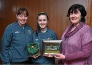 23 February 2015; Alexandra Kavanagh, Republic of Ireland, receives her international cap from team manager Sharon Boyle and Frances Smith, WFAI. Republic of Ireland Under 16 Squad Caps Presentation, Board Room, Gannon Park, Malahide, Co. Dublin. Picture credit: David Maher / SPORTSFILE