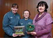 23 February 2015; Leah Reylet Degat, Republic of Ireland, receives her international cap from team manager Sharon Boyle and Frances Smith, WFAI. Republic of Ireland Under 16 Squad Caps Presentation, Board Room, Gannon Park, Malahide, Co. Dublin. Picture credit: David Maher / SPORTSFILE