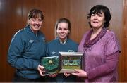 23 February 2015; Lynn Craven, Republic of Ireland, receives her international cap from team manager Sharon Boyle and Frances Smith, WFAI. Republic of Ireland Under 16 Squad Caps Presentation, Board Room, Gannon Park, Malahide, Co. Dublin. Picture credit: David Maher / SPORTSFILE