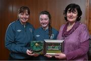 23 February 2015; Danielle Burke, Republic of Ireland, receives her international cap from team manager Sharon Boyle and Frances Smith, WFAI. Republic of Ireland Under 16 Squad Caps Presentation, Board Room, Gannon Park, Malahide, Co. Dublin. Picture credit: David Maher / SPORTSFILE