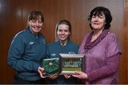 23 February 2015; Lynn Craven, Republic of Ireland, receives her international cap from team manager Sharon Boyle and Frances Smith, WFAI. Republic of Ireland Under 16 Squad Caps Presentation, Board Room, Gannon Park, Malahide, Co. Dublin. Picture credit: David Maher / SPORTSFILE