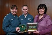 23 February 2015; Niamh Sheehan, Republic of Ireland, receives her international cap from team manager Sharon Boyle and Frances Smith, WFAI. Republic of Ireland Under 16 Squad Caps Presentation, Board Room, Gannon Park, Malahide, Co. Dublin. Picture credit: David Maher / SPORTSFILE