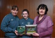 23 February 2015; Caoimhe Walsh, Republic of Ireland, receives her international cap from team manager Sharon Boyle and Frances Smith, WFAI. Republic of Ireland Under 16 Squad Caps Presentation, Board Room, Gannon Park, Malahide, Co. Dublin. Picture credit: David Maher / SPORTSFILE