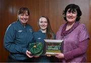 23 February 2015; Zoe Green, Republic of Ireland, receives her international cap from team manager Sharon Boyle and Frances Smith, WFAI. Republic of Ireland Under 16 Squad Caps Presentation, Board Room, Gannon Park, Malahide, Co. Dublin. Picture credit: David Maher / SPORTSFILE