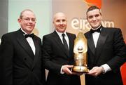 11 January 2007; Paul Doolin, centre, Drogheda United manager, is presented with the eircom / Soccer Writers Association of Ireland (SWAI) Personality of the Year of the Year Award for 2007 by Padraig Corkery, left, Head of Sponsorship, eircom, and Neil O'Riordan, President of the SWAI. eircom / SWAI Awards Banquet 2007, Radisson SAS Royal Hotel, Golden Lane, Dublin. Picture credit: David Maher / SPORTSFILE