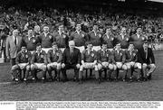 30 March 1985; The Ireland Rugby team that beat England to win the Triple Crown. Back row, from left,  Mick Cuddy, Chairman of the Selection Committee, Phil Orr, Philip Matthews, Donal Lenihan, Willie Anderson, Hugo MacNeill, Nigel Carr and Jim McCoy. Front, from left, Michael Bradley, Paul Dean, Trevor Ringland, Michael Carroll, President I.R.F.U., Ciaran Fitzgerald, Captain, Michael Kiernan, Keith Crossan, Brendan Mullen and Mick Doyle. Five Nations Championship, Ireland v England, Lansdowne Road, Dublin. Picture Credit: Ray McManus / SPORTSFILE