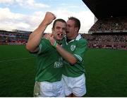 20 October 2001; Ireland's Kevin Maggs, left, and Denis Hickie celebrate victory over England. Ireland v England, Six Nations Championship, Lansdowne Road, Dublin. Picture credit: Brendan Moran / SPORTSFILE
