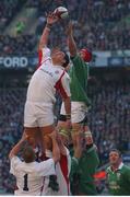 16 February 2002; Martin Johnson, England, takes the ball in the lineout from Malcolm O'Kelly, Ireland. Lloyds Six Nations Championship, England v Ireland, Twickenham, England. Picture credit: Brendan Moran / SPORTSFILE
