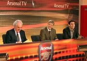 15 January 2008; Setanta Sports and Arsenal Football Club announced the official launch of Arsenal TV. The announcement marks the start of a six-year deal between Setanta and Arsenal Football Club. Current subscribers to Setanta on the Sky platform will receive the new channel for no additional cost. Pictured at the launch at Emirates Stadium were Setanta's Des Lynam, left, Arsenal manager Arsene Wenger, centre, and ex Arsenal player Martin Keown. The new channel will cover everything relevant for Arsenal fans, including exclusive interviews, features on the clubs history and unrivalled behind-the-scenes access to the Emirates and to Arsenal's training ground. Emirates Stadium, London, England. Images issued on behalf of Setanta Sports Ireland by SPORTSFILE